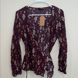 Tresics Floral Wrap Blouse - Burgundy and White